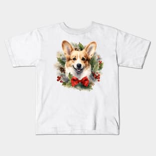 Christmas Corgi Dog Wreath Kids T-Shirt